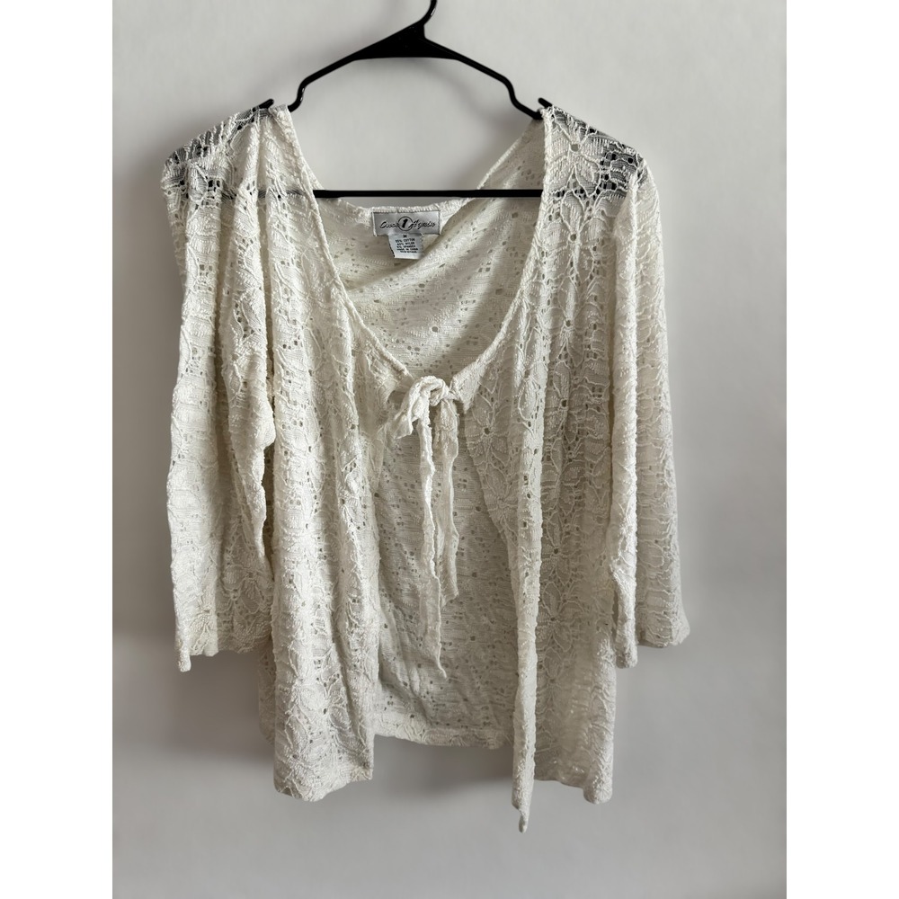 Crochet Fairy Lace Cardigan‎ Top Ivory Tie Front Lightweight Semi-Sheer Y2K